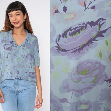 90s Floral Blouse Blue Wildflower Cropped Shirt Purple High Low Hem Short Sleeve Shirt Button Up Top Flower Print Vintage Oversized Small 