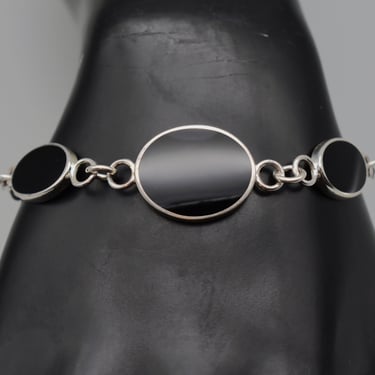 90's sterling onyx geometric links bracelet, edgy SU 925 silver Thailand graduated black ovals chain 