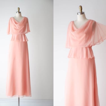 pink chiffon dress | 70s vintage blush peach flutter sleeve full floor length party prom dress gown 