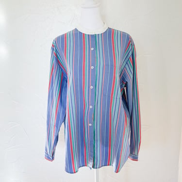 80s Vertical Candy Striped Blue Red Green Button Up Shirt with White Band Collar | Large/Extra Large 