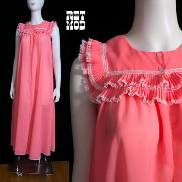 Super Cute Vintage 60s 70s Bright Salmon Orange Pink Long Nightgown with Ruffles 
