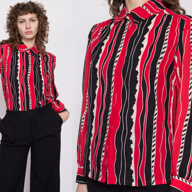 80s Red & Black Abstract Print Secretary Blouse - Large | Vintage Wavy Striped Button Up Long Sleeve Top 