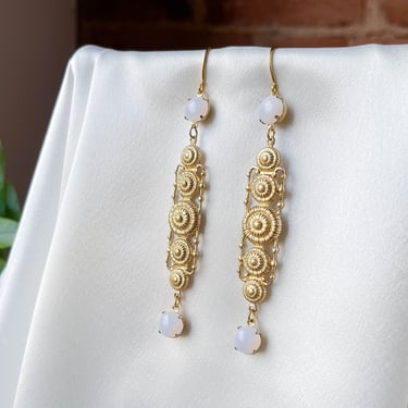 Victorian Art Nouveau earrings, long gold medallion dangle statement earrings, moonstone drop earrings, Regency Rococo jewelry, gift for her 