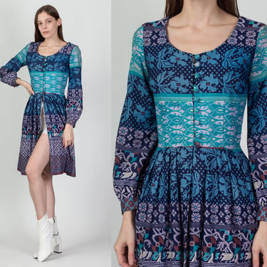 60s Mister Robert Boho Floral Split Front Dress - Small | Vintage Long Sleeve A Line Mod Minidress 