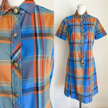 Vintage 1960s-70s Blue & Brown Plaid Shirt Dress / M 