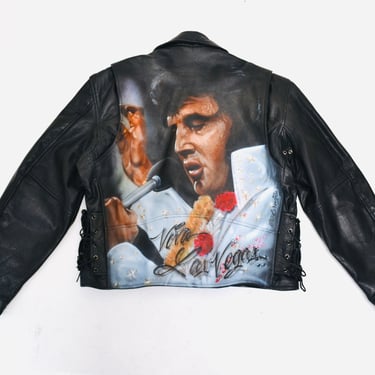 Vintage Black Leather Jacket Elvis Presley Viva Las Vegas //Vintage Leather Jacket Elvis Rock and Roll Music Air Brushed Painted Large XL 