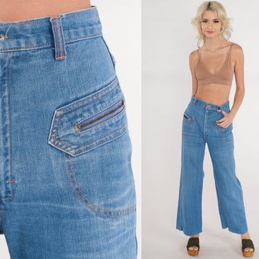 70s Bell Bottom Jeans Blue Denim Pants Wide Leg High Waisted Rise Bellbottoms Retro Hippie Flares Seventies Flared Leg Vintage 1970s XS 26 