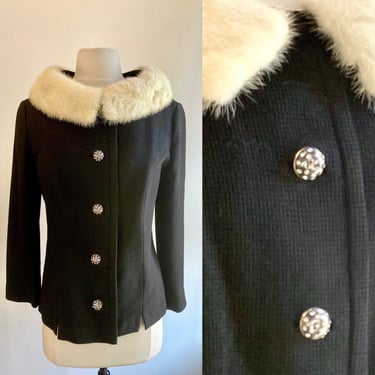 50s Vintage Dinner Jacket + Big BAKELITE RHINESTONE Buttons + FUR Collar 