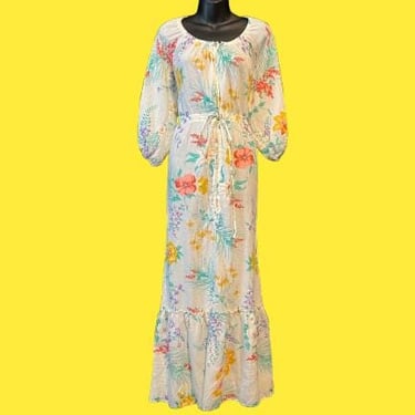 1970s floral maxi gown thin cotton botanical print nightgown / dress large 