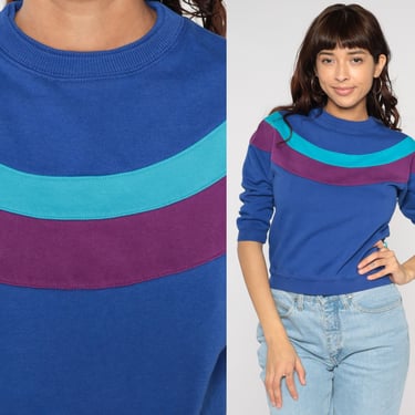 Blue Striped Sweatshirt 90s Rounded Mod Stripe 3/4 Sleeve Sweatshirt Retro Boho Shirt Turquoise Purple Color Block Vintage 1990s Medium 