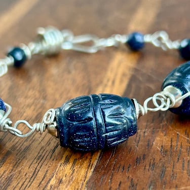 Hand Carved Gemstone Beaded Bracelet Deep Blue Retro Boho Handmade Jewelry 