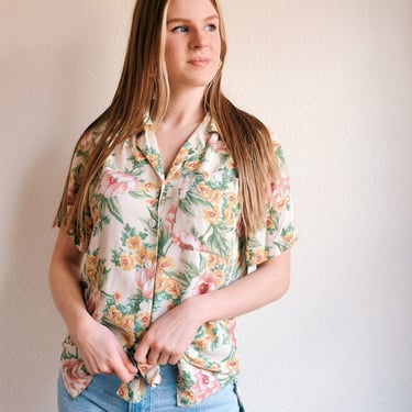 Vintage Floral Button Up Collared T Shirt / Pastel 