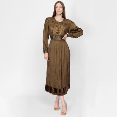 Sm-Med 90s Boho Olive Brocade Maxi Dress | Vintage Made In India Long Sleeve Hippie Dress 