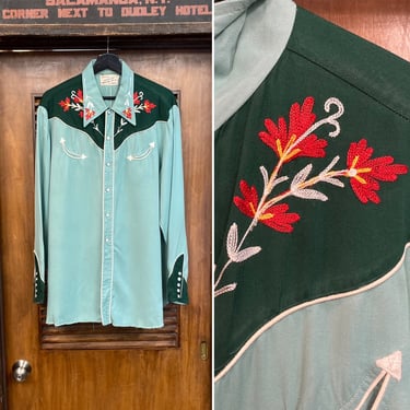 Vintage 1950’s Size L/XL Two-Tone Green Rayon Gabardine Western Cowboy Rockabilly Shirt, 50’s Vintage Clothing 