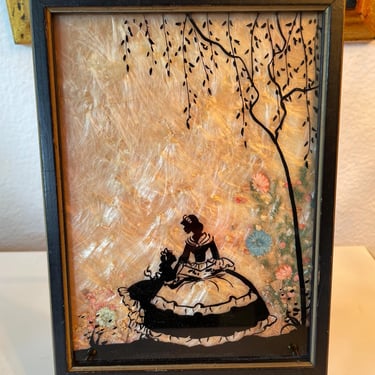Vintage framed reverse paint Silhouette blossom time Mother and Daughter | 1930s Art Deco Reverse Painted Glass Silhouette Framed Art 