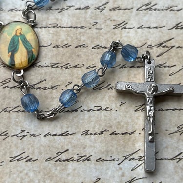 vintage blue rosary beads 1960s prism beads cross religious 