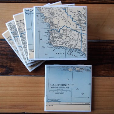 1931 Southern Central California Map Coaster Set of 6. Vintage California Coasters. Los Angeles Map. Vintage Santa Barbara. West Coast Gift. 