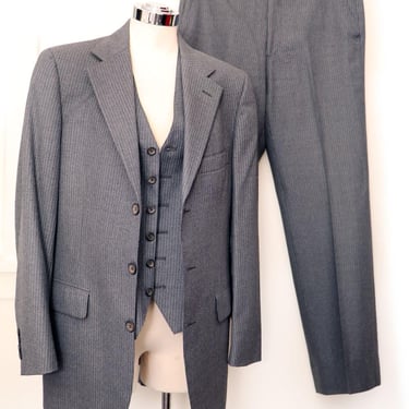 80's RALPH LAUREN CHAPS 3 piece Suit, Grey Pinstripe Wool Men's Jacket, Vest & Pants, Vintage 1980's Set Gray 