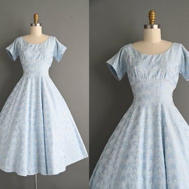 vintage 1950s small | Henley Periwinkle Blue Embroidered Full skirt dress | Small 