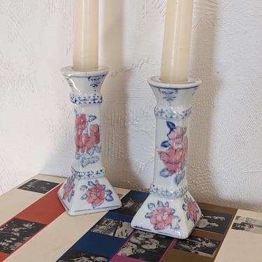 Antique Pink and Blue Florals Porcelain Candle Stick Holders 