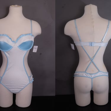 Frederick's of Hollywood Blue White Polka Dot Bodysuit Teddy Size 34 