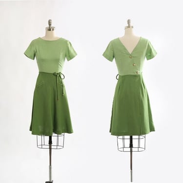 50s green linen dress | Vintage 1950s wrap dress 