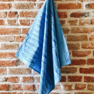 block printed tea towel. sardines on blue. organic flour sack cotton kitchen towel. ecofriendly. beach house. hand printed. gift / hostess. 