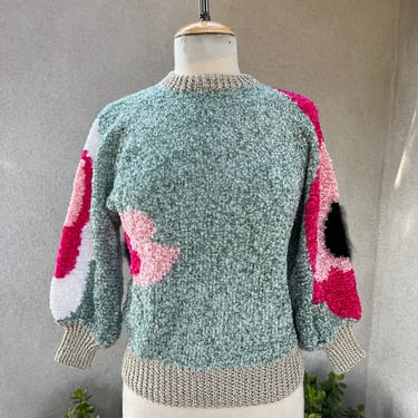 Vintage yummy greens pinks tones black fur accents handmade crochet knit pullover sweater Small 