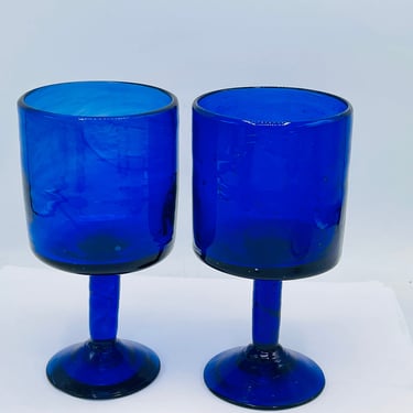 Vintage Set of large (2) Cobalt Blue Wine Margarita Goblets Water Glasses-Blown glass-Chip Free Recycled Glass Mexico 