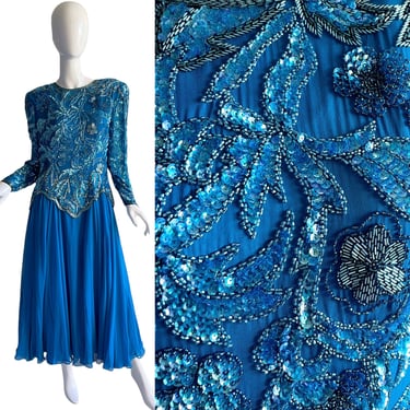 80s Lillie Rubin Sequin Evening Gown / Vintage Beaded Silk Couture Dress / 1980s Party Silk Sweeping Gown Large 