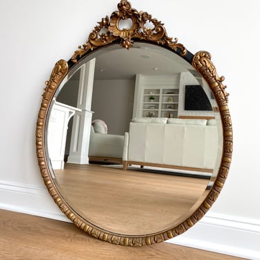 NEW - Vintage Round Gold Gilded Mirror, French Style Mirror, Solid Wood Frame, Black and Gold Accent Piece 
