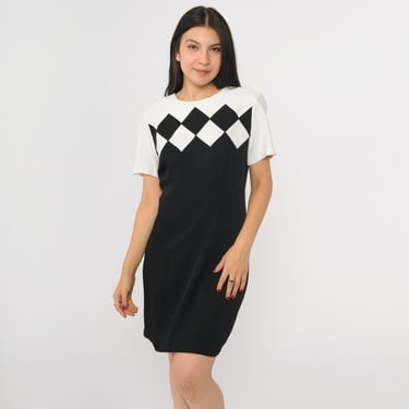 Vintage Color Block Dress Black White Mini Dress 90s Short Sleeve Checkered Party Dress Minidress Shift 1990s Retro Small 4 