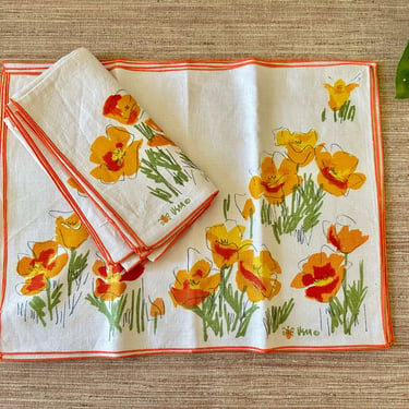 Vintage Vera Neumann Placemats & Napkins - Sets of 4 - Orange Red Yellow Floral Design 1960s 