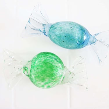 Murano Glass Candies Set of 2 XL Jumbo - Blue Green Tabletop Candy Figurines - Hand Blown Glass Paperweight Knick Knack - Best Friend Gift 