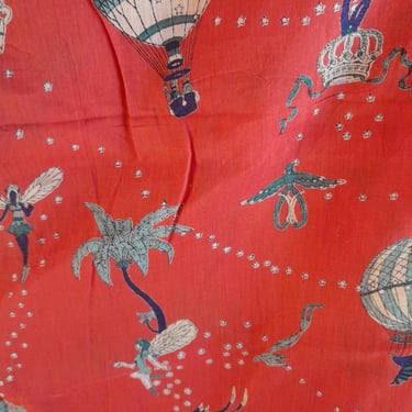 Vintage 70s/80s Whimsical Playful Fabric in Red / Faeries/Magic Carpets/Hot Air Balloons/ 2.5 Yds 