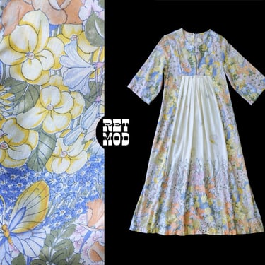 MAGICAL Vintage 70s Pastel Floral & Butterfly Patterned Boho Cotton Maxi Dress 