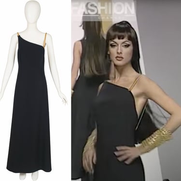 Claude Montana 1993 S/S Runway Vintage Gold Metal Strap Black Crepe Gown 