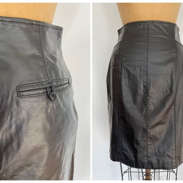 Vintage ‘90s Wilsons black leather skirt | high waisted, knee length, tagged 6 / S 