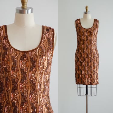 brown mini dress 80s 90s vintage copper beaded sequin silk party dress 