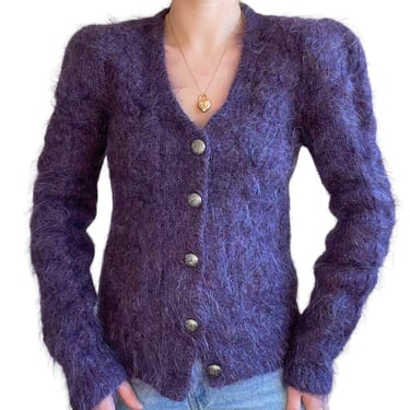 Vintage Hand Knit Womens Purple Fluffy Fuzzy Mohair Boho Cardigan Sweater Sz M 