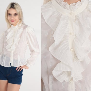 70s Ruffle Blouse 80s Semi-Sheer White Floral Button Up Top Long Puff Sleeve High Neck Secretary Tuxedo Shirt Victorian Vintage 1970s Small 