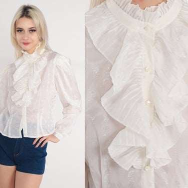 Vintage Ruffle Neck Sheer Shirt / White Button Up | Smock Walker