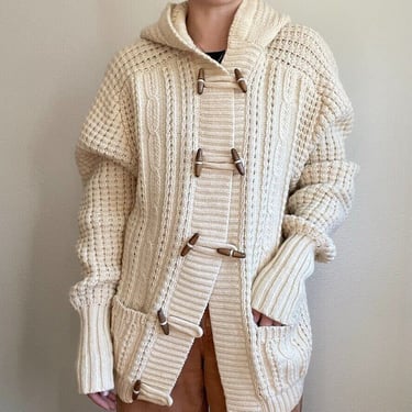 Hand Knit Unisex Fisherman Cream Oversized 100% Wool Hooded Cable Cardigan 