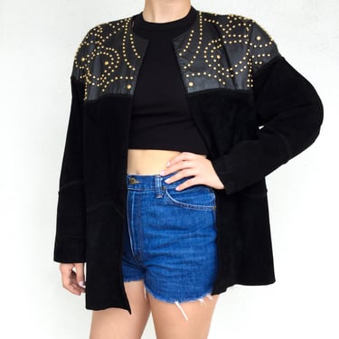 1980s black suede jacket with gold studs 