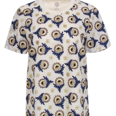 Tory Burch - Beige, Blue, & Cream Embroidered Print Shirt Sz L