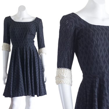 1960s or 50s black eyelet lace fit and flare dress 