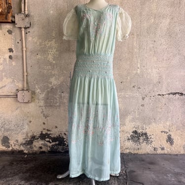 Vintage 1930s Baby Blue Cotton Hungarian Peasant  Dress Pink Hand Embroidery 20s