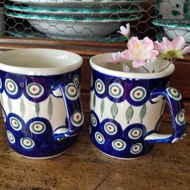 2 Boleslawiec Hand Painted Pottery Mugs~Vintage Coffee Tea Mugs Mug~Bright Colors Hand decorated~JewelsandMetals 