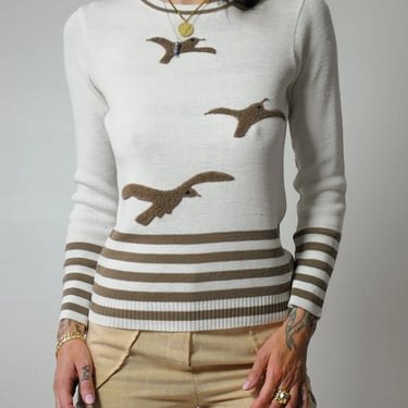 1970's Tan Seagull Striped Sweater