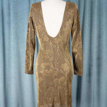 Vintage 80s Frederick's of Hollywood Solid Gold Sheer Shimmery Sheath Dress with Sexy Low back 